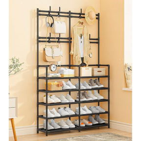 Голяма метална етажерка със закачалки и 5 рафта за обувки и вещи